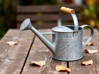 Close-Up Watering Can on Wooden Table Surrounded by Autumn Leaves in Natural Garden Setting