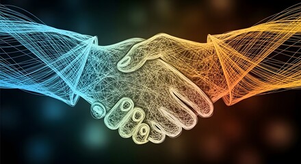 Two hands shaking in abstract blue and orange light lines handshake agreement