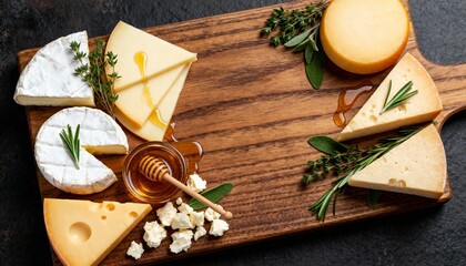 Assorted Cheeses on Wooden Board with Honey and Fresh Herbs Ideal for Natural Food Photography and Commerce Applications