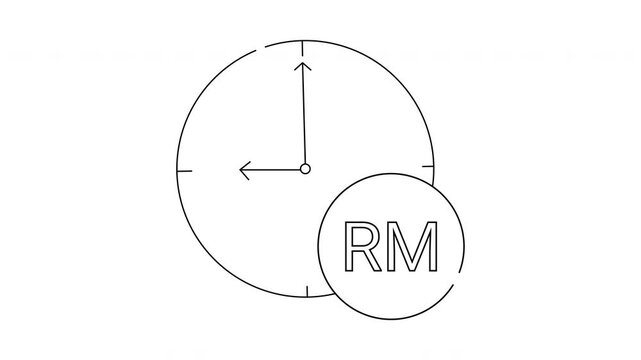 Clock with hands at 900 overlapping a circle containing RM