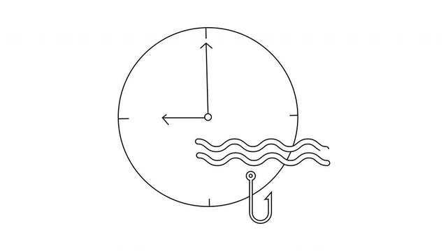 Clock with hands at 900 stylized water and a fishing hook