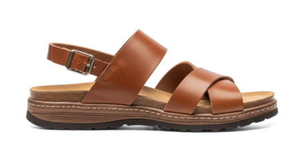 A pair of brown leather sandals with a wooden sole and a buckle strap.