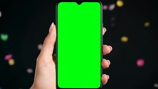 Close up of a person holding a smartphone with a green screen against a dark background with colorful lights.
