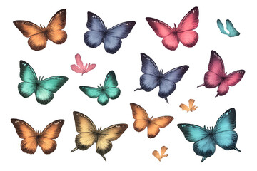 Colorful butterflies flying, an elegant collection of detailed watercolor insects on transparent background