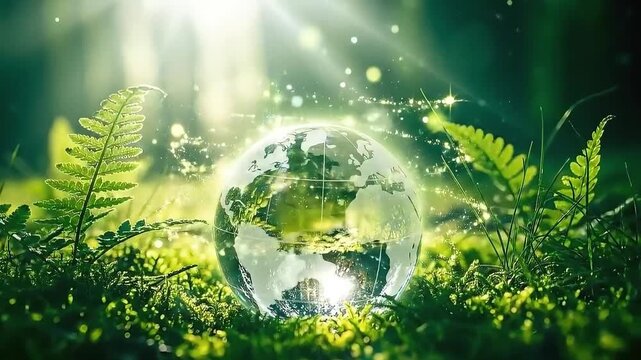 glass earth globe resting on lush forest moss under sunlight symbolizing eco sustainability green energy and environmental protection