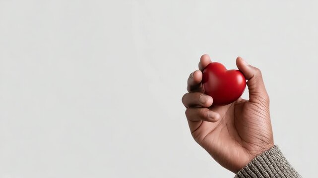 Generative AI. African American hand holding a small red heart-shaped object against a soft gray background, symbolizing love, care, and emotional connection in a minimalist setting