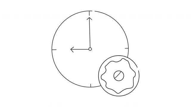 Clock with hands pointing to 9 and 12 next to a donut with a ring of icing