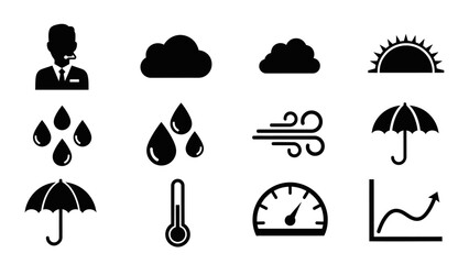 Weather Forecast Icons: A comprehensive collection of iconic weather symbols, carefully crafted to represent various meteorological conditions. Symbols include clouds, rain, wind, sun.