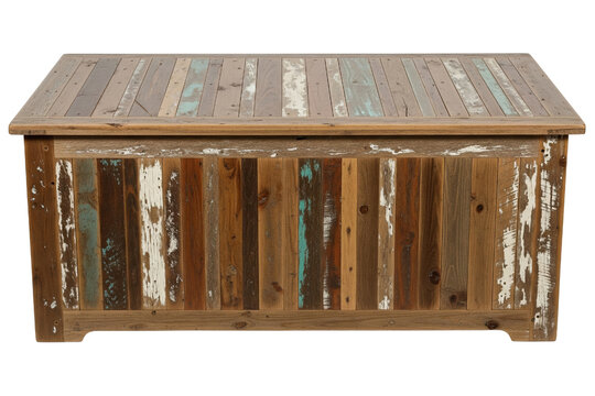 Vintage distressed wooden storage trunk chest with colorful paint on a transparent background