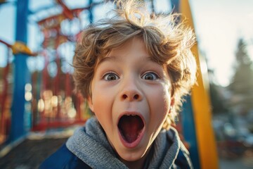 Excited child expresses joy while playing at the playground during an afternoon outing
