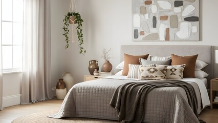 A serene bedroom scene with a comfortable bed, soft blankets, and decorative pillows, set against a calming white wall with a hanging plant and artwork.