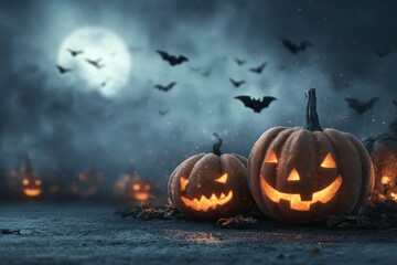 Spooky Halloween wallpaper featuring glowing pumpkins and flying bats under a full moon on a misty night