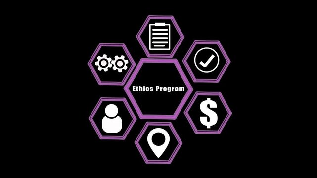 Hexagonal Diagram of Ethics with Icons on Black Background morals values