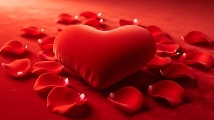 Romantic Heart Surrounded by Rose Petals and Candles on Red Background