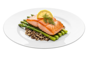A plate of salmon, asparagus, and wild rice on a white plate.