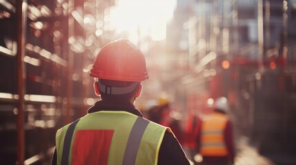 Workplace safety theme, workers in safety vests and helmets, on blurred background