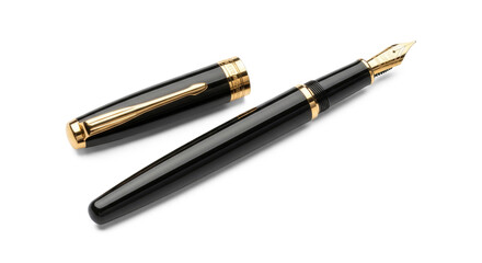 A black and gold fountain pen with a black cap and a gold nib.