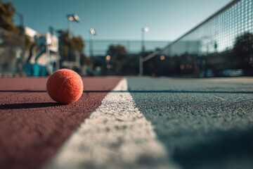 Low angle view of a pickleball game showcasing an intense match with players in action and a vibrant court under clear blue skies