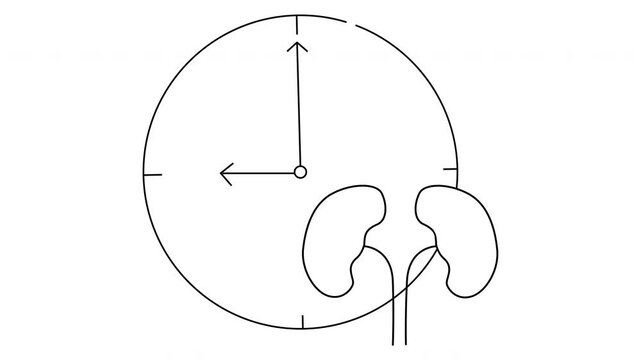 Outline of a clock showing 9 oclock with kidney outlines adjacent