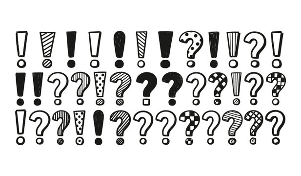 Assortment of Hand Drawn Exclamation Marks and Question Marks with Diverse Patterns punctuation symbols