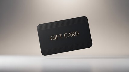 Floating black gift card with gold text against a soft, neutral background