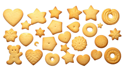 Assortment of golden-brown biscuits in various shapes, arranged against black