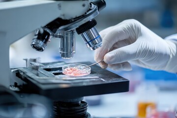 Scientists prepare biological samples for examination under the microscope in a laboratory setting with advanced equipment
