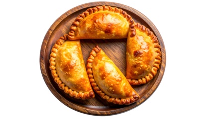 Overhead shot of golden baked pastries on a round wooden serving platter