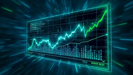 Green rising financial line chart displayed on transparent digital screen with data bars - Powered by Adobe