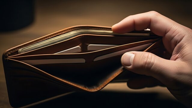 Close up Hand Opening Leather Wallet Demonstrating Financial Constraints