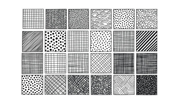 Collection of 30 Hand Drawn Square Patterns and Textures in Black and White Keywords: pattern, texture, hand drawn, doodle, graphic, design, black and white, grid, lines, dots, circles, waves