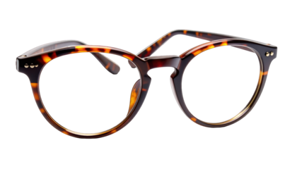 Stylish, tortoiseshell eyeglasses, front view, with a dark background