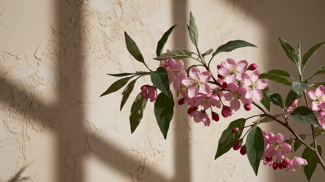 Branch of Pink Crabapple Flowers Against Textured Wall in Daylight