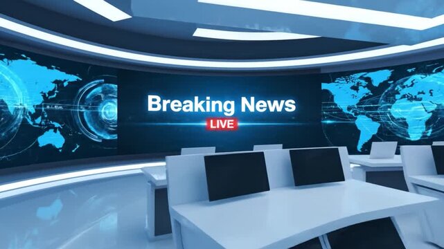 Breaking News live intro for TV background with a news desk and screens displaying a world map in a modern newsroom setting with a futuristic ambiance suitable for broadcasting.