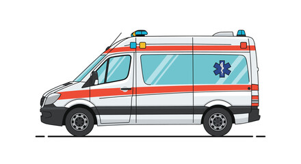 A side view vector illustration of a modern white ambulance van with red stripes and the Star of Life symbol on a white background.