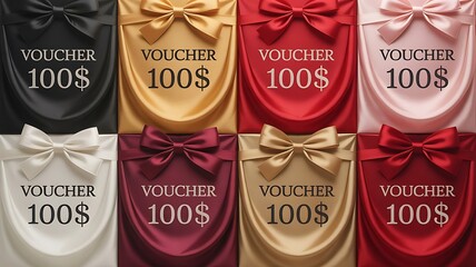 Collection of colorful satin gift vouchers with bow accents and dollar value