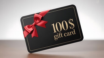 Black 100 dollar gift card with red ribbon bow on a surface