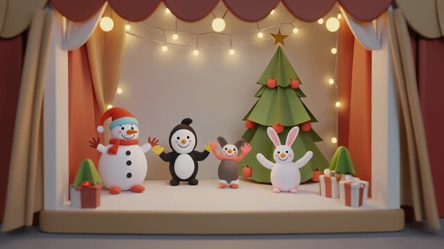 Christmas puppet show with cute characters and festive decorations.