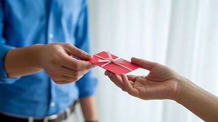Close up of one person giving a red gift card or voucher to another