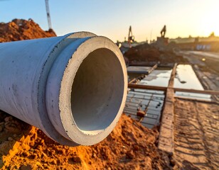 A large concrete pipe, the focal point, sits on dirt in a construction zone, with machinery and sunlight in the distance