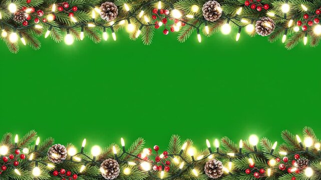 Festive Christmas Garland Border with Warm Lights and Pinecones Over a Vibrant Green Screen Background