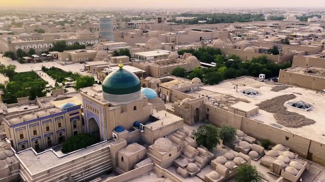 Magical twilight atmosphere over Khiva, Uzbekistan. A smooth panoramic shot showing the vastness of the fortified city of Itchan Kala