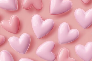 Seamless pattern of pink hearts scattered on a light pink background creates a soft and whimsical design ideal for various romantic themes and decorations