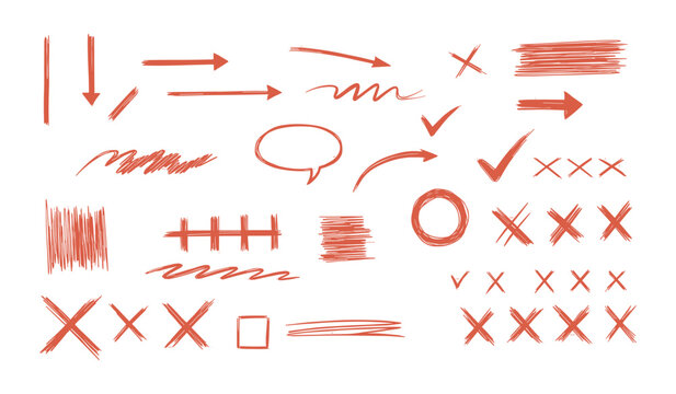 Red Hand Drawn Arrows Checkmarks Crosses and Symbols on White Background Keywords: arrow, checkmark, cross, x, circle, speech bubble, scribble, tally marks, lines, drawing, sketch, doodle, red