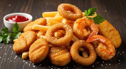 A plate of fried food with shrimp, onion rings, and french fries.
