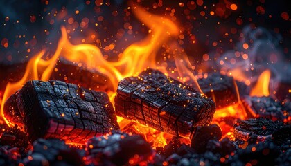 Intense close-up of glowing hot charcoal briquettes burning fiercely with bright orange flames and scattered sparks.