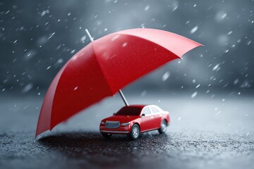 Insurance represented by a red umbrella shielding a toy car from falling rain on a dark, wet surface in a conceptual depiction of protection and safety
