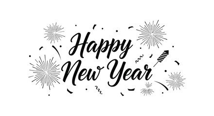 A festive black and white illustration displaying the greeting happy new year with fireworks