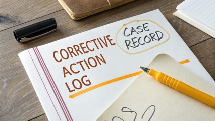 Detailed Corrective Action Log Case Record on Wooden Table with Pen and Notebook for Documentation and Tracking Purposes