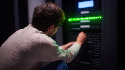 Focused professional inspecting glowing server rack lights in dimly lit data center